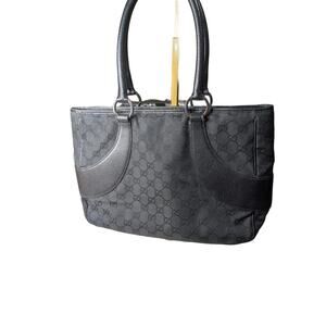 Gucci GG Tote Canvas-Leather Black Shoulder Tote-Silver 113011 Revitalized